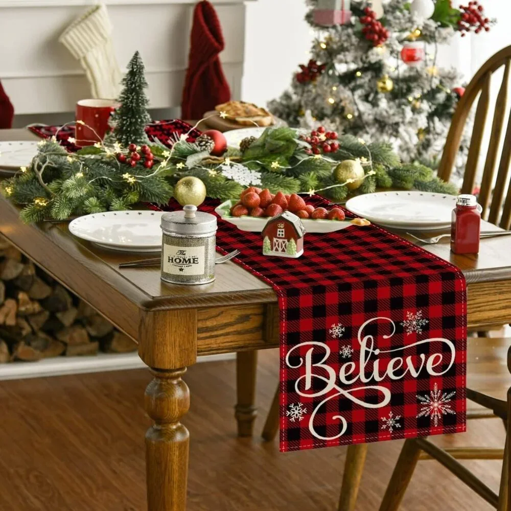 Believe Xmas Red and Black Buffalo Plaid Table Runner, Seasonal Winter 13x72